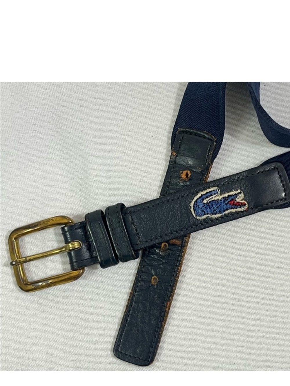 Vintage 80s Lacoste Stretch Belt 36 - Navy Blue - Elastic Leather Brass